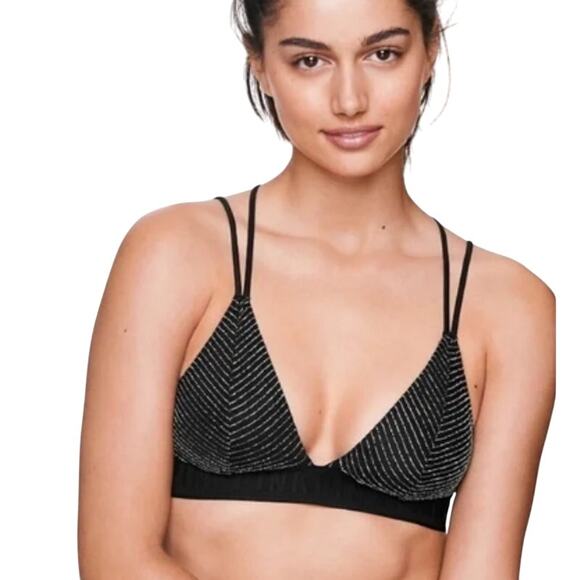 Victoria Secret Pink Women’s Black Glitter Striped Unlined Wireless Bra Large - Picture 1 of 7